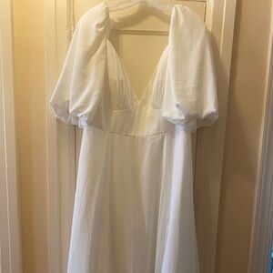 White bubble sleeve georgette v-neck wedding dress